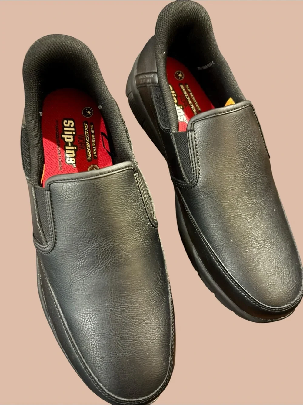 Skechers Black Slip-On Work Loafers with Red Insole   Designed for hands free